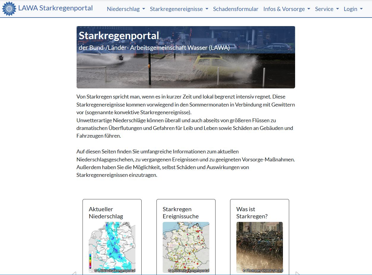 Starkregenportal Webseite