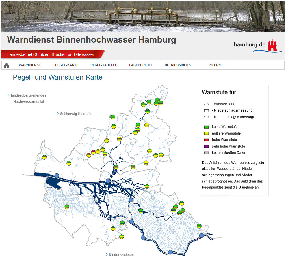 Screenshot der Webseite Warndienst Binnenhochwasser Hamburg